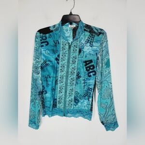Jaipur Blue Patterned Jacket with Lace Trim, Size Medium
